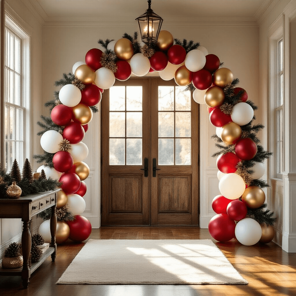 Photorealistic wide-angle shot of an elegant home entryway adorned with a sophisticated Christmas balloon arch in red, gold, and white, over a rustic wooden doorway, with natural sunlight illuminating polished hardwood floors and a vintage console table decorated with pine cones and mercury glass votives.