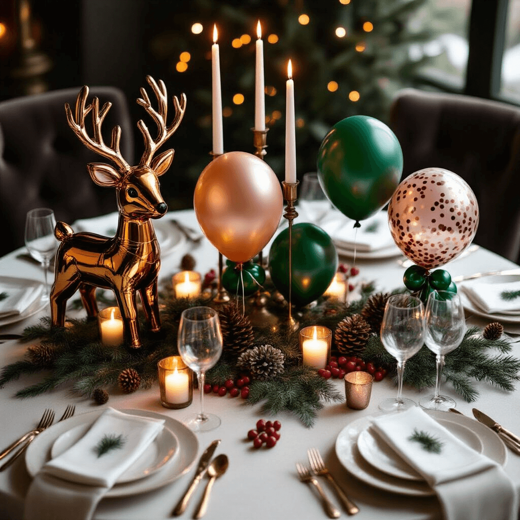 Cinematic overhead shot of a candlelit dining table featuring Christmas balloon centerpieces with foil reindeer, green latex balloons, and rose gold accents, surrounded by fresh cranberries and pine cones on a white linen tablecloth, illuminated by soft candlelight.
