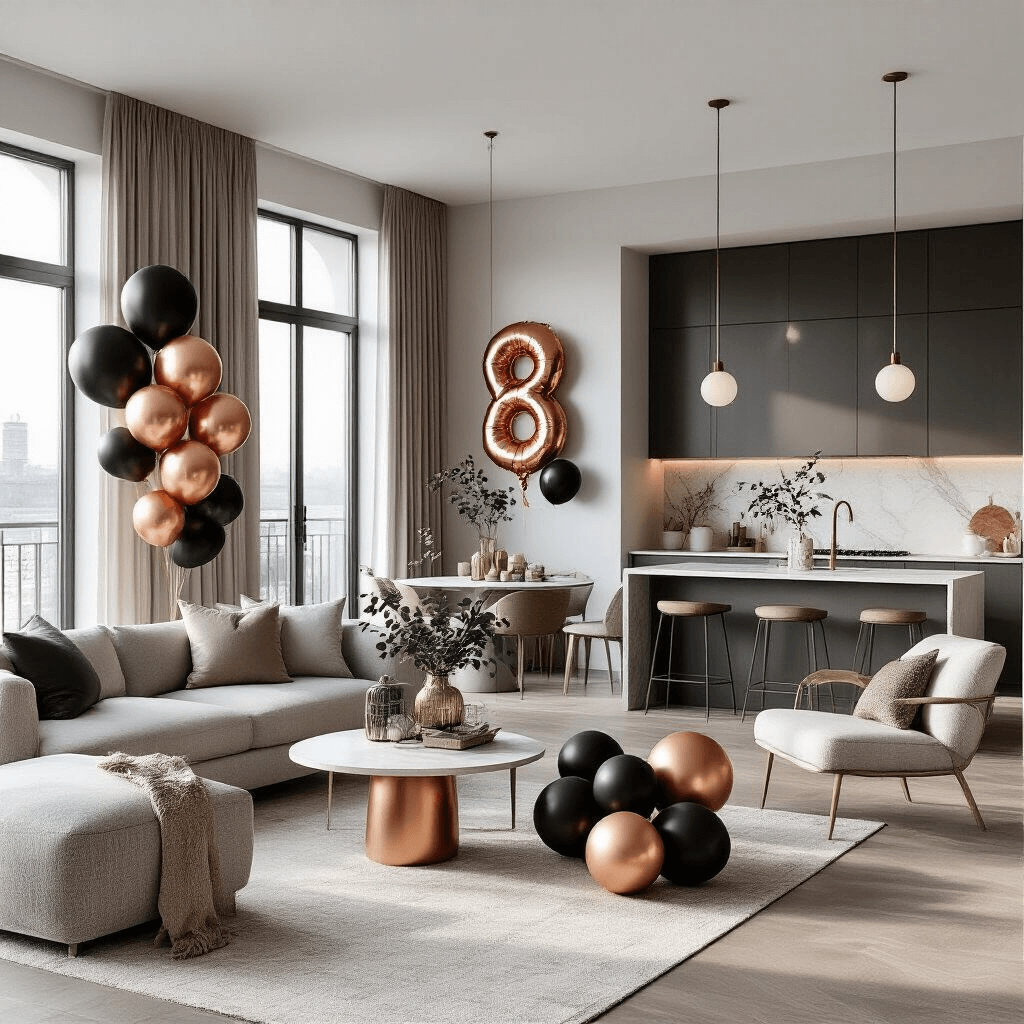 Wide-angle view of a modern apartment living room bathed in soft morning light, showcasing a minimalist design with strategically arranged balloon decorations in matte black, metallic copper, and rose gold, complemented by contemporary furniture and layered textures.