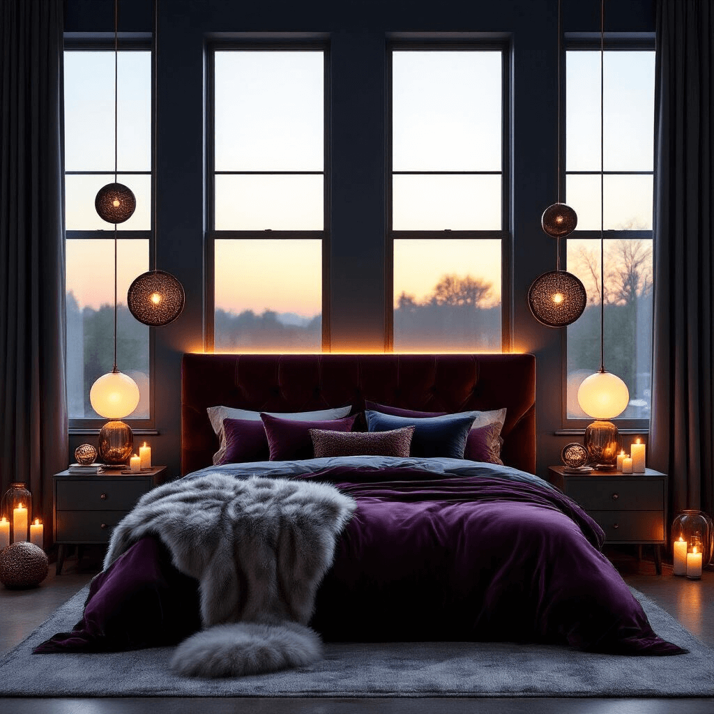 A cinematic wide-angle shot of a moody bedroom sanctuary at golden hour, featuring a deep navy accent wall and a burgundy upholstered velvet headboard, illuminated by warm bedside lamps and hidden LED strips, with luxurious textiles and circular design elements creating an intimate underground loft aesthetic.