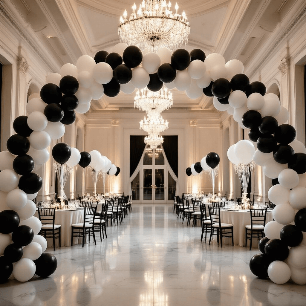 Wide-angle shot of an elegant indoor ballroom adorned with a black and white balloon arch, ivory silk table linens, and crystal chandeliers, featuring soft amber lighting and fairy lights, creating a sophisticated monochromatic atmosphere.