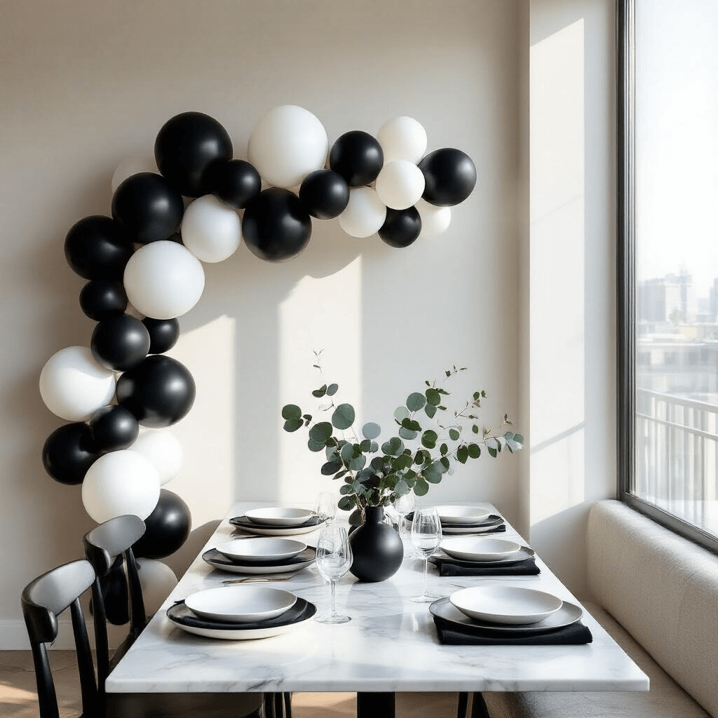 Overhead view of a modern apartment dining setup with a balloon garland in black and white, a low dining table with white plates and matte black napkins, and eucalyptus sprigs, all bathed in soft morning sunlight.