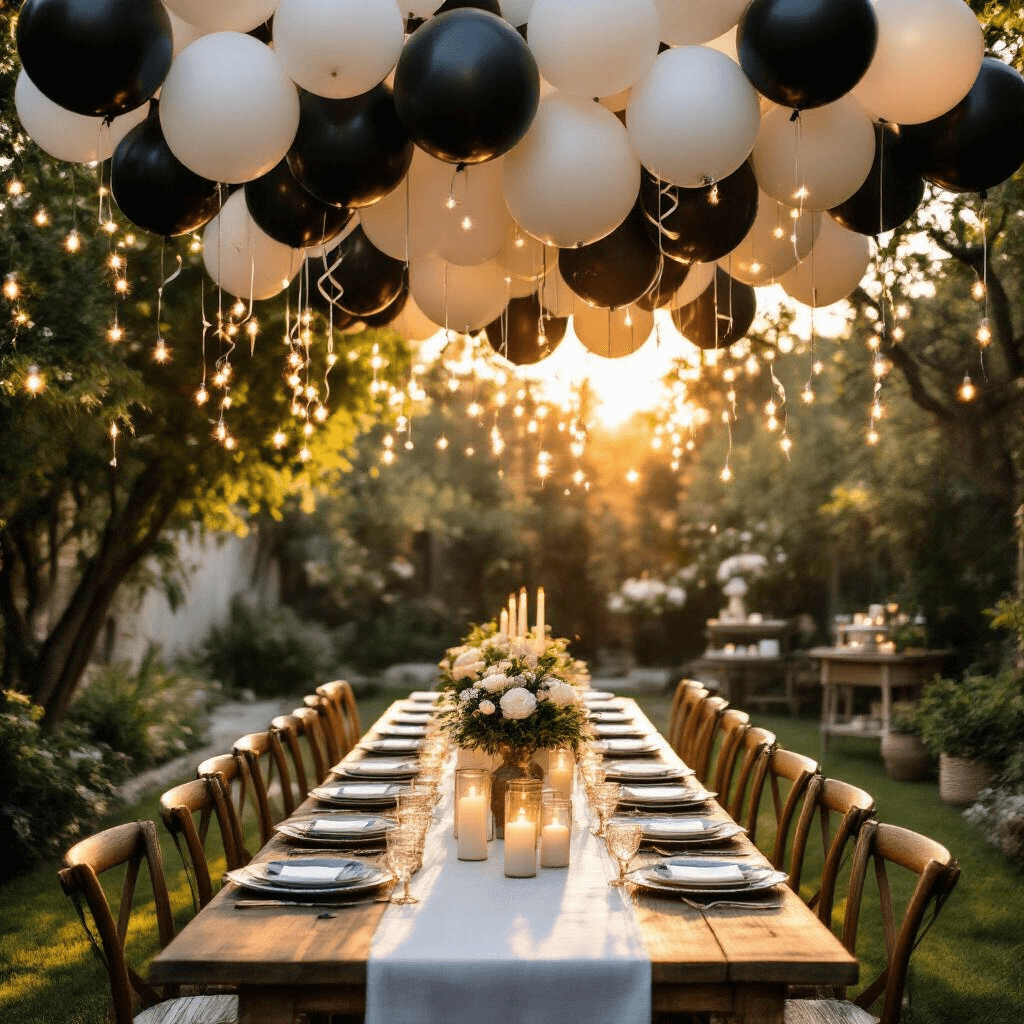 A stylish backyard garden party setup at golden hour with twinkling string lights, a balloon ceiling installation of black and white balloons, a rustic farmhouse table adorned with white linens, candles in glass hurricanes, and fresh white florals, all illuminated by warm golden light.