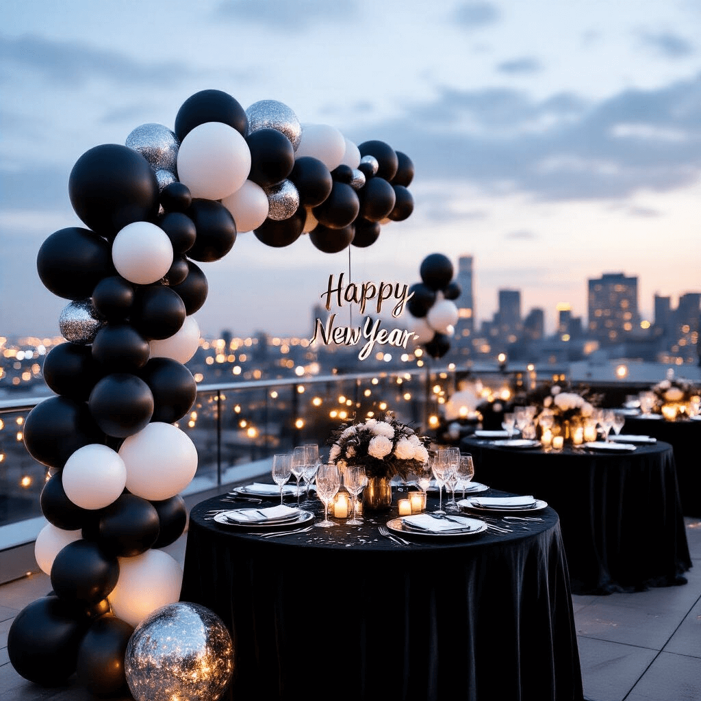 Close-up detail of a luxurious New Year's Eve rooftop celebration with a matte black and white balloon garland, black velvet tables, silver charger plates, crystal stemware, and shimmering fairy lights, creating an elegant and sophisticated atmosphere against a backdrop of city lights.