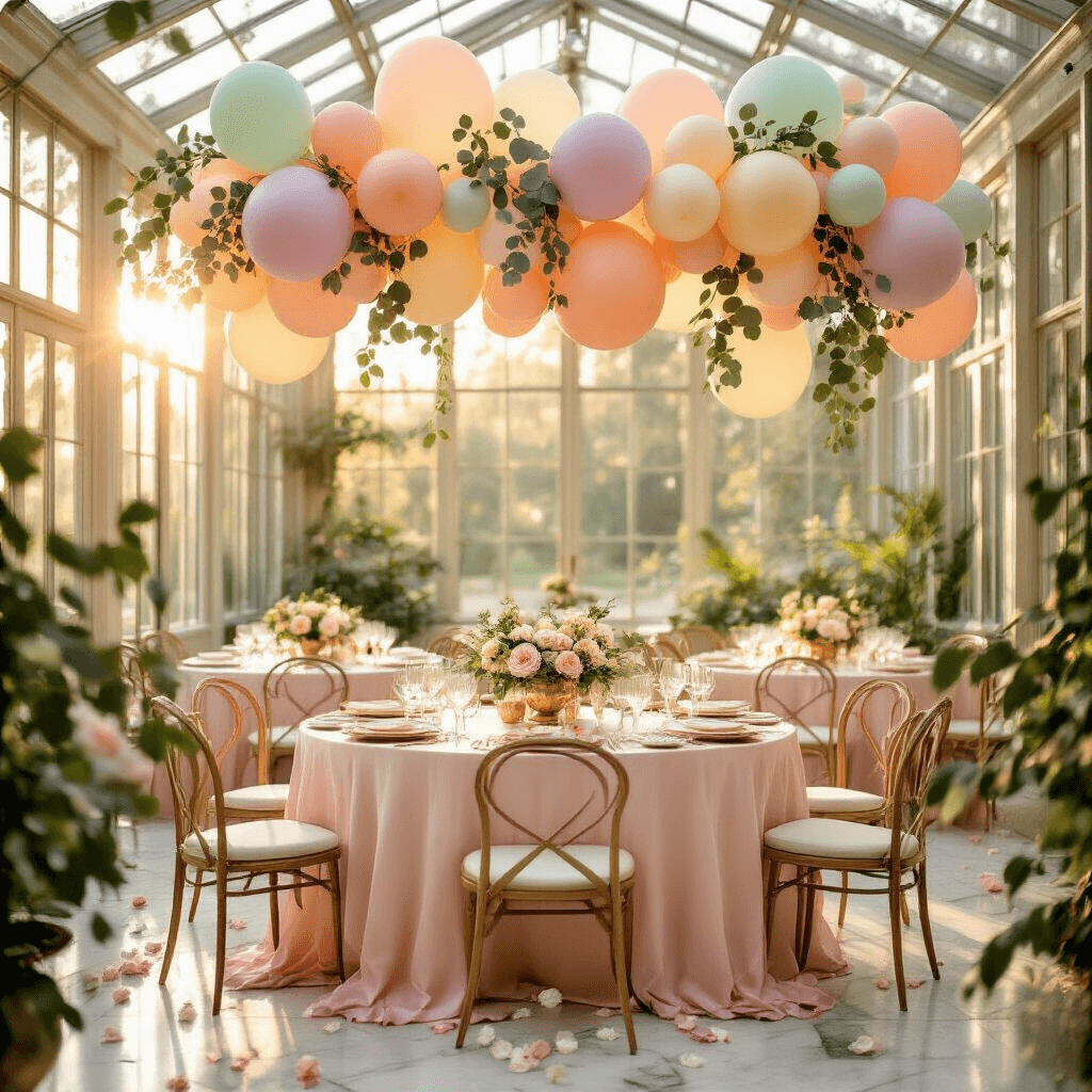 Cinematic wide-angle shot of an elegant bridal shower in a sunlit conservatory, featuring blush pink silk linens, pastel balloon garlands, ivory roses in vintage brass vessels, and gold-rimmed place settings, all bathed in golden hour light.
