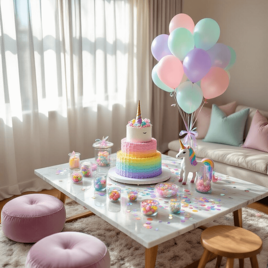 Overhead flat lay of a whimsical unicorn-themed birthday party in a cozy living room, featuring a three-tiered rainbow cake, pastel balloons, unicorn party favors, and colorful treats on a white marble coffee table, with velvet cushions and fresh flowers, all bathed in soft morning light.