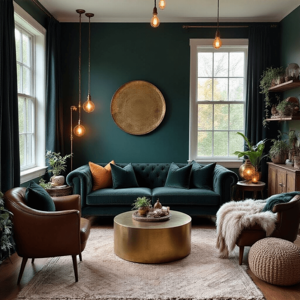 Overhead flat lay of a moody living room with a dark emerald green accent wall, charcoal grey velvet sofa, warm light sources, leather accent chairs, a brass coffee table, faux fur throws, and midnight blue curtains, featuring rich materials and layered textures for an atmospheric sanctuary vibe.