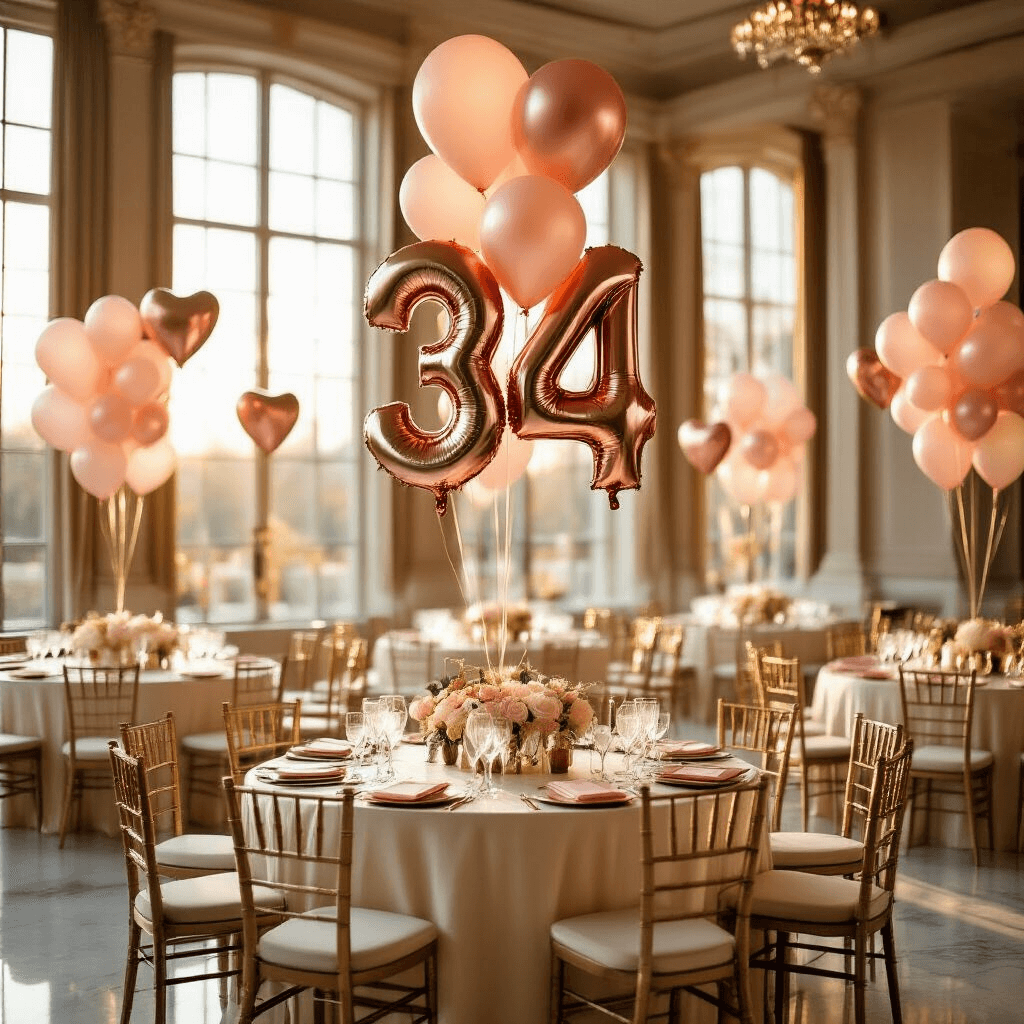 A luxurious indoor ballroom during golden hour, featuring elegant round tables with silk ivory linens and rose gold number balloons as centerpieces, complemented by clusters of blush pink and cream metallic balloons, crystal glassware, and velvet-cushioned gold chairs.