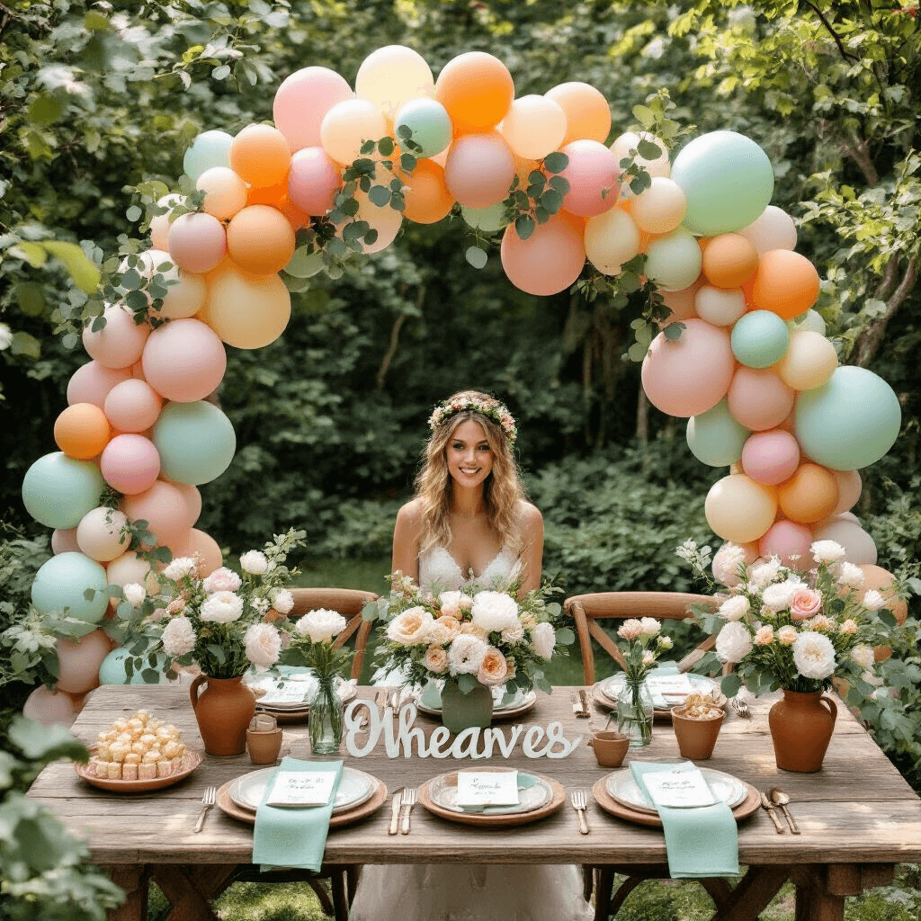 Overhead flat-lay photo of a whimsical garden party setup with a pastel balloon garland, rustic farm table, terracotta and sage green dinnerware, mason jar centerpieces, and twinkling fairy lights in soft morning light.