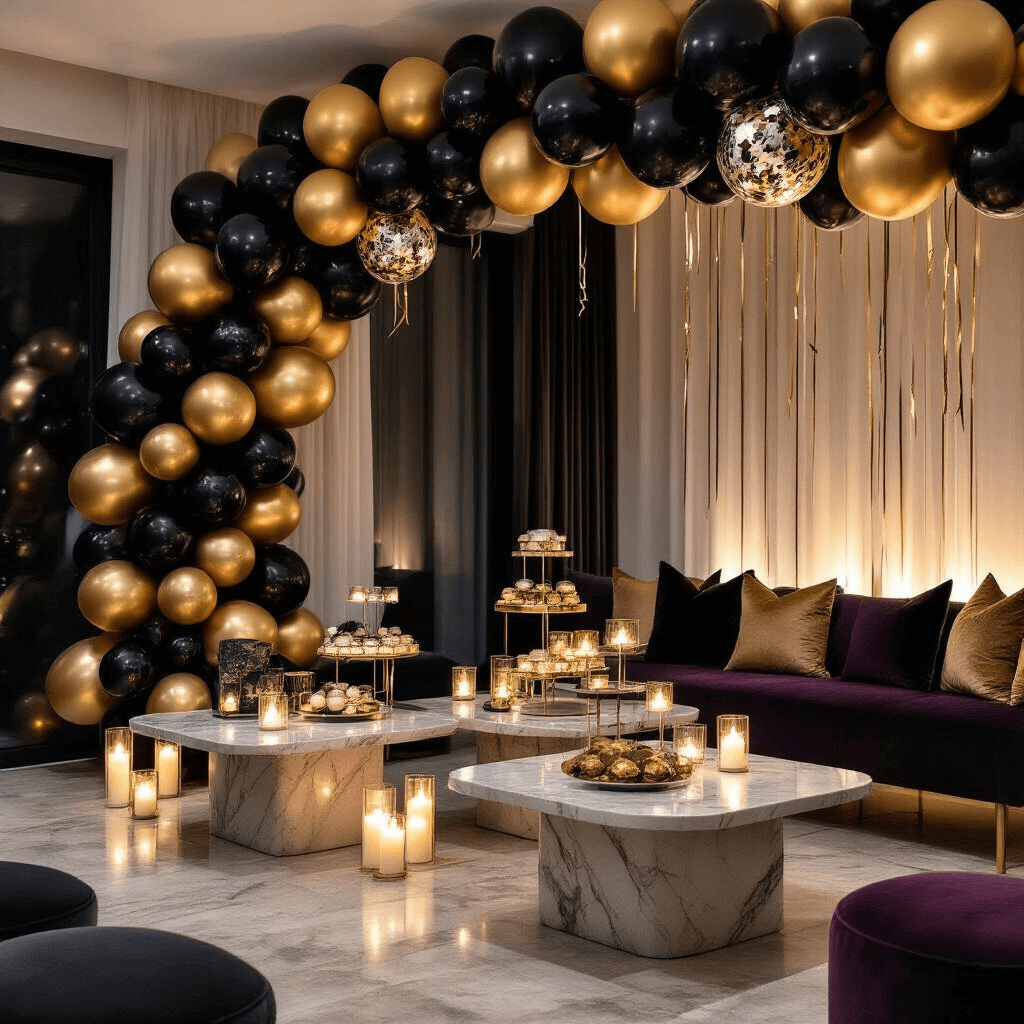 Close-up of a sophisticated modern apartment living space decorated for a milestone celebration, featuring a black and gold balloon arch, luxurious velvet cushions, ambient candlelight, and elegant custom-printed balloons.
