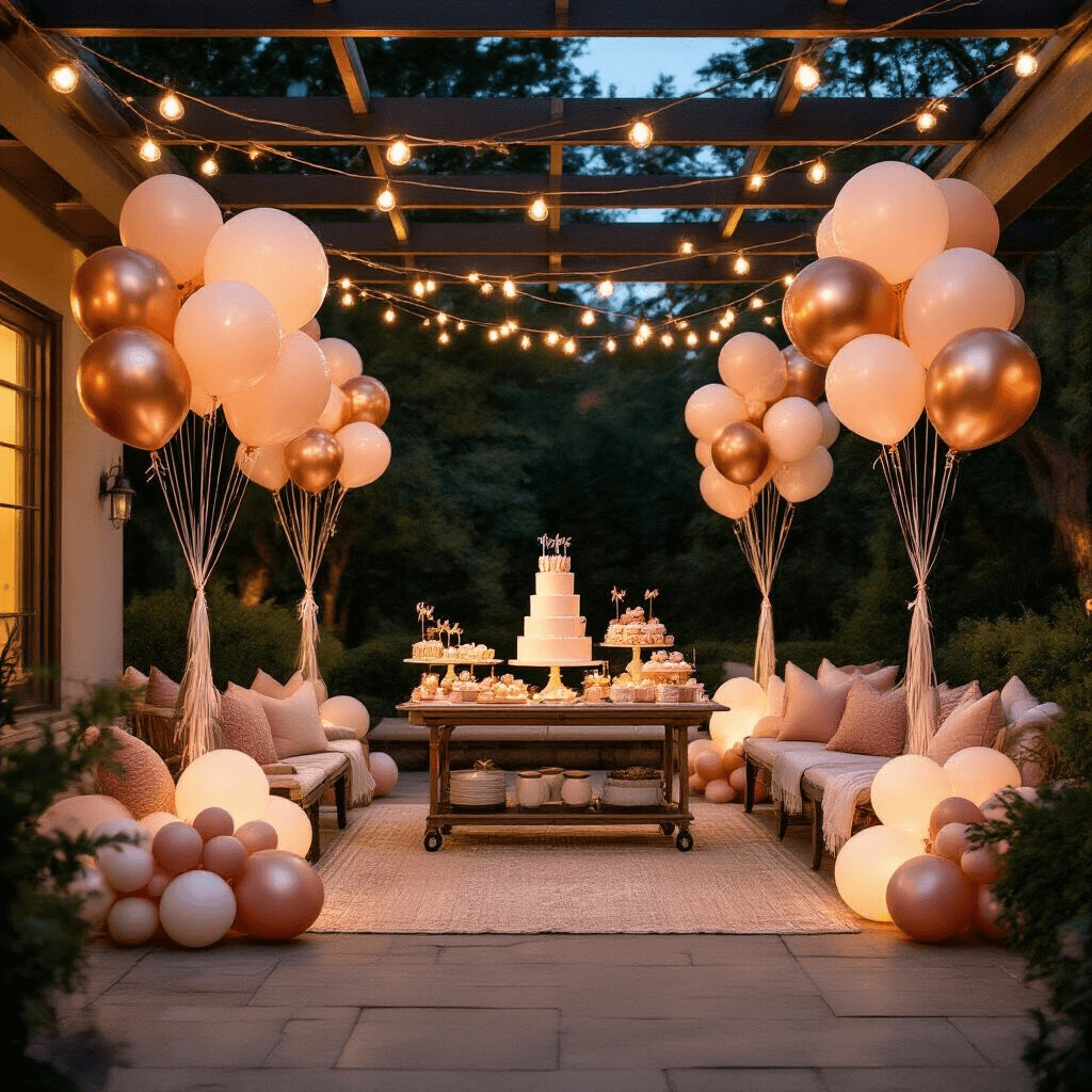 A stylish backyard celebration at night features ceiling balloon arrangements in vintage rose gold, string lights overhead, a dessert cart with a tiered cake, and picnic-style seating in cream and blush tones, all creating a cozy and inviting atmosphere.