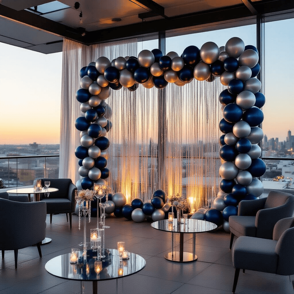 Moody detail of an upscale corporate rooftop event at golden hour, showcasing a balloon installation wall with jumbo letter balloons and cascading navy and silver garlands, glass-topped cocktail tables with floating foil balloons, modern charcoal gray furniture, and sheer drapery framing the city skyline.