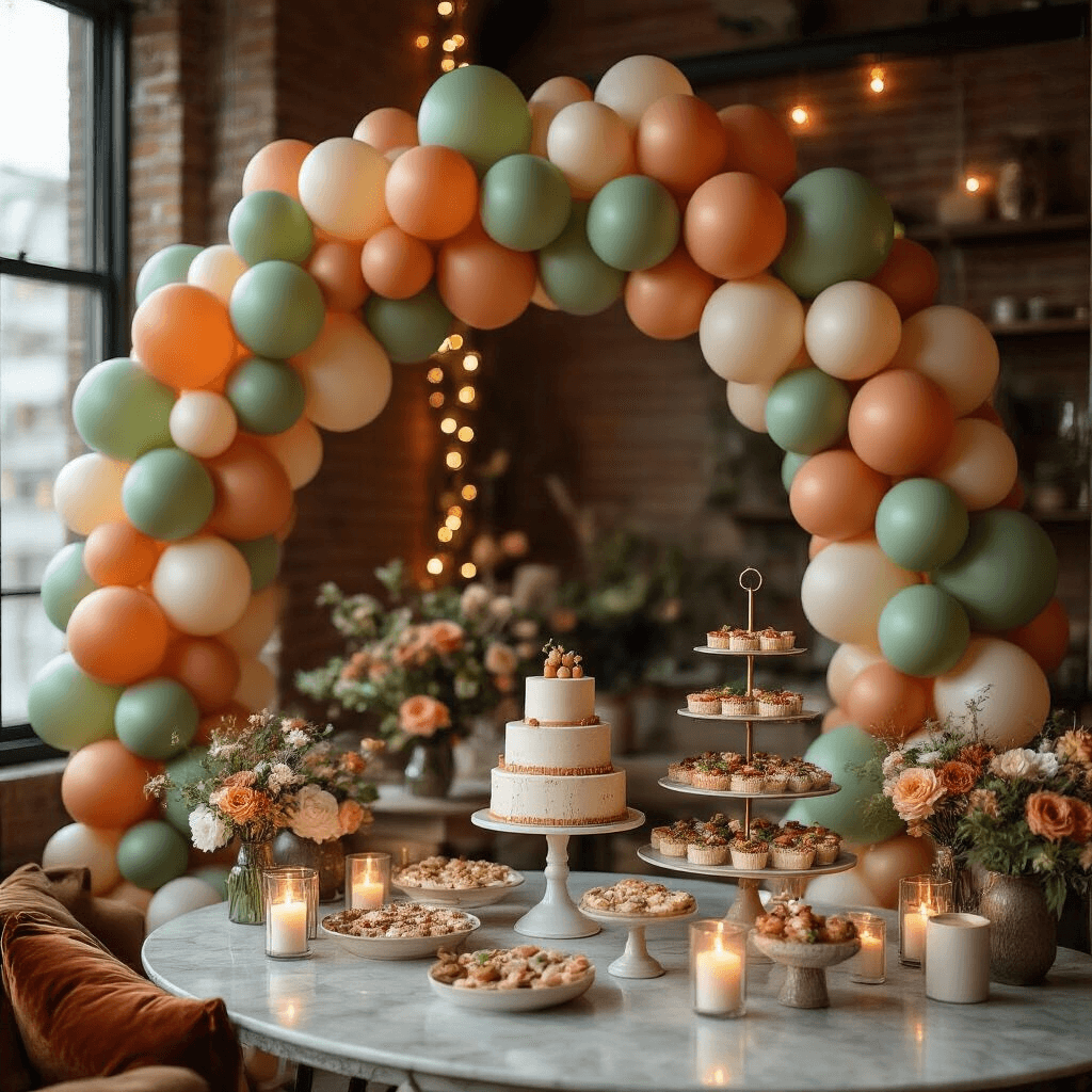 DIY Party Balloons: Your Complete Guide to Stunning Decorations Without Breaking the Bank Cinematic close-up of a DIY balloon arch in a modern apartment, featuring sage green, terracotta, and cream balloons. Warm candlelight and soft fairy lights illuminate a dessert table with marble countertops and colorful treats, set against exposed brick walls, creating an intimate celebration atmosphere.