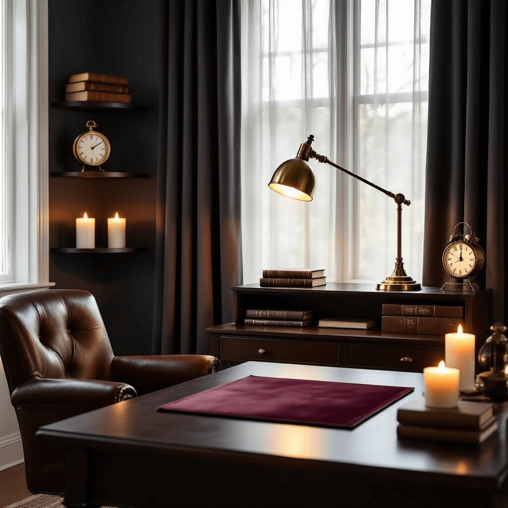 Close-up of a moody home office corner illuminated by soft morning light, featuring a dark walnut desk, a cognac leather chair, a brass banker's lamp, and deep burgundy velvet desk pad. Circular brass elements and candles create ambient shadows, with a rich color palette of navy, charcoal, and warm brass accents.