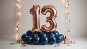 Cinematic close-up of oversized rose gold foil number 13 balloons against a white backdrop, enhanced by navy blue round balloons and delicate ribbons, with soft lighting and a warm atmosphere, ideal for a teen birthday celebration.