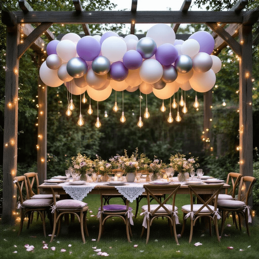 Overhead view of a whimsical outdoor garden party featuring a balloon cloud installation, rustic wooden tables with vintage lace runners, mismatched ceramic plates, and mason jar wildflower centerpieces, all illuminated by string lights and surrounded by weathered chairs with plush cushions, rose petals, and pillar candles.