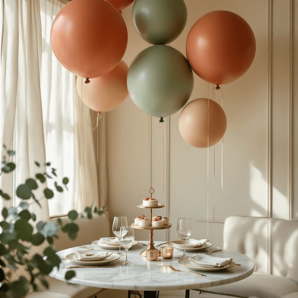 Close-up of an intimate dining nook adorned for a birthday celebration, featuring sophisticated terracotta and sage balloons hanging from ceiling beams, a marble-topped bistro table set for two with delicate china, gold-rimmed glassware, and a tiered cake on a brass stand, illuminated by soft morning light filtering through sheer curtains.