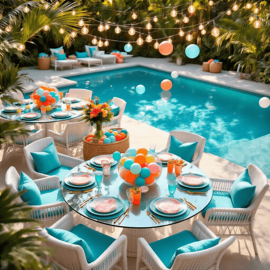 Elegant summer pool party setup with self-sealing water balloons, featuring glass-top tables with coral reef linens, colorful balloon centerpieces, and modern white furniture, all illuminated by floating LED lights and string lights during golden hour.