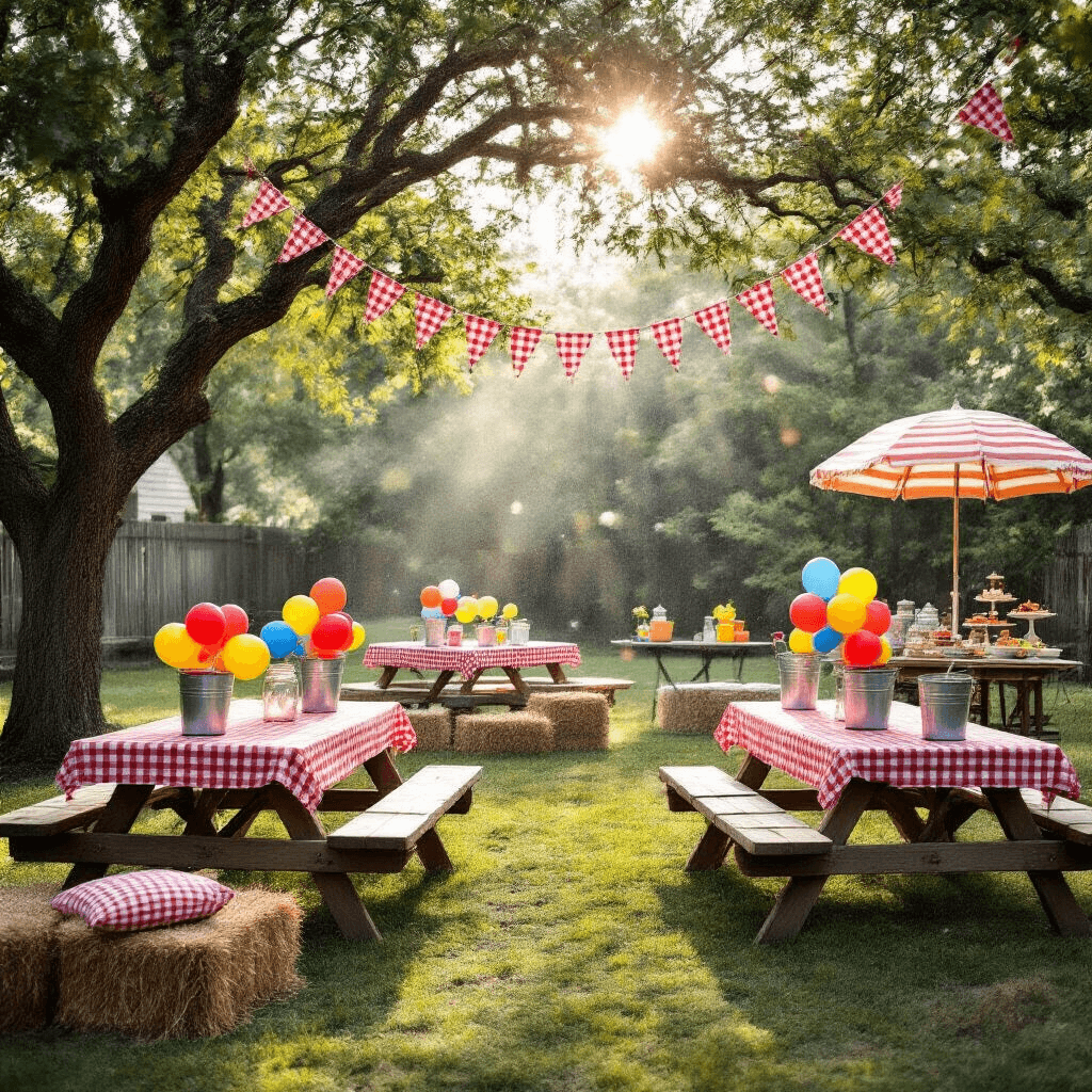 A whimsical backyard water balloon battle arena with rustic picnic tables, colorful balloon centerpieces, DIY filling stations, and festive bunting, bathed in soft morning light.