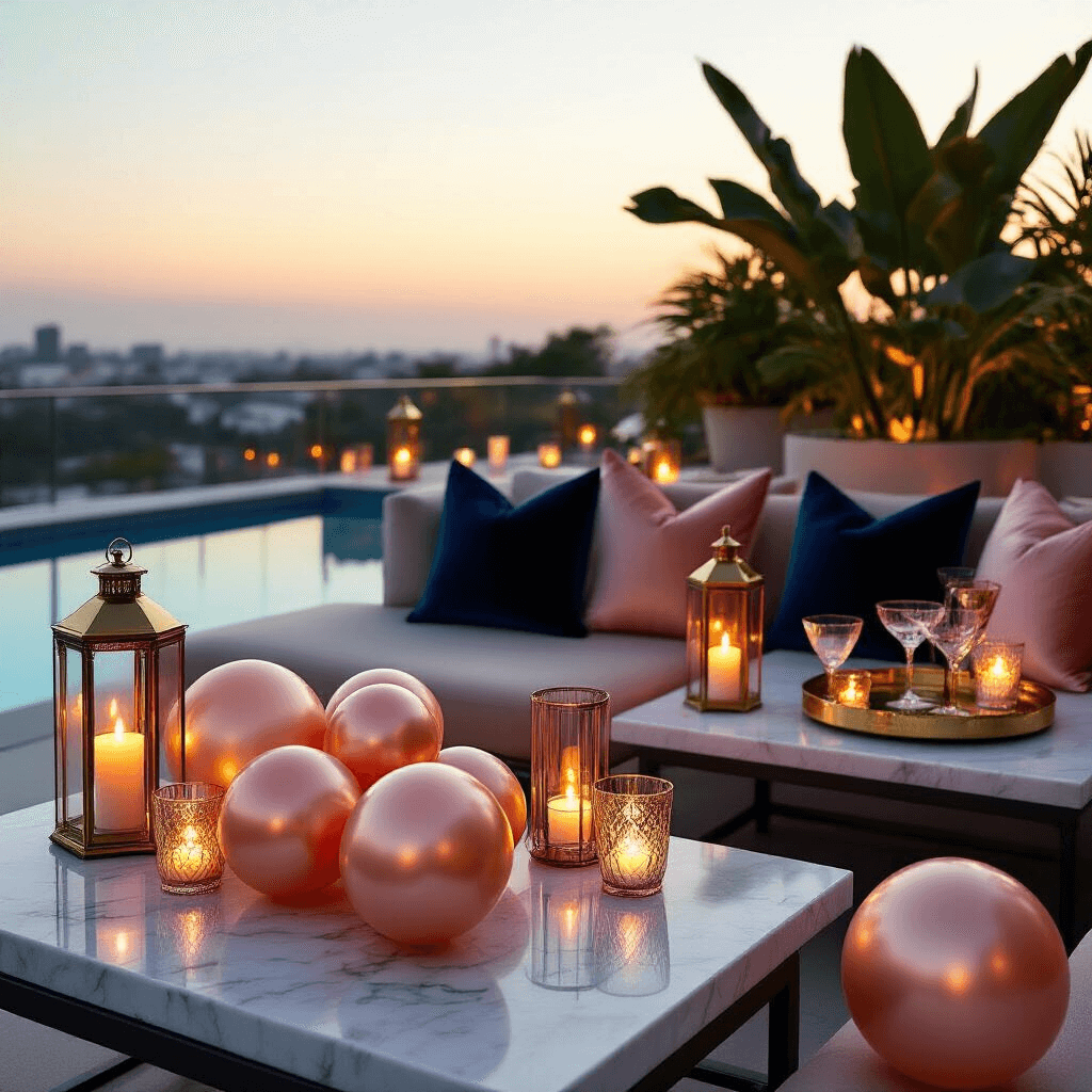 Intimate close-up of a sophisticated rooftop pool party setup at night, featuring low marble cocktail tables with metallic gold and rose gold silicone water balloons, deep navy and champagne velvet cushions, hurricane lanterns with floating candles, silk table linens in sunset gradient colors, and modern tropical planters, all illuminated by warm, moody lighting.