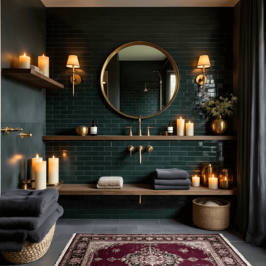 A dimly lit bathroom featuring dark emerald subway tiles and charcoal grey walls, illuminated by candles. Brass fixtures and a large circular brass mirror accent the space, complemented by rich textiles like plush towels and a vintage rug. Organic touches include succulents in copper planters, enhancing the intimate, spa-like atmosphere.