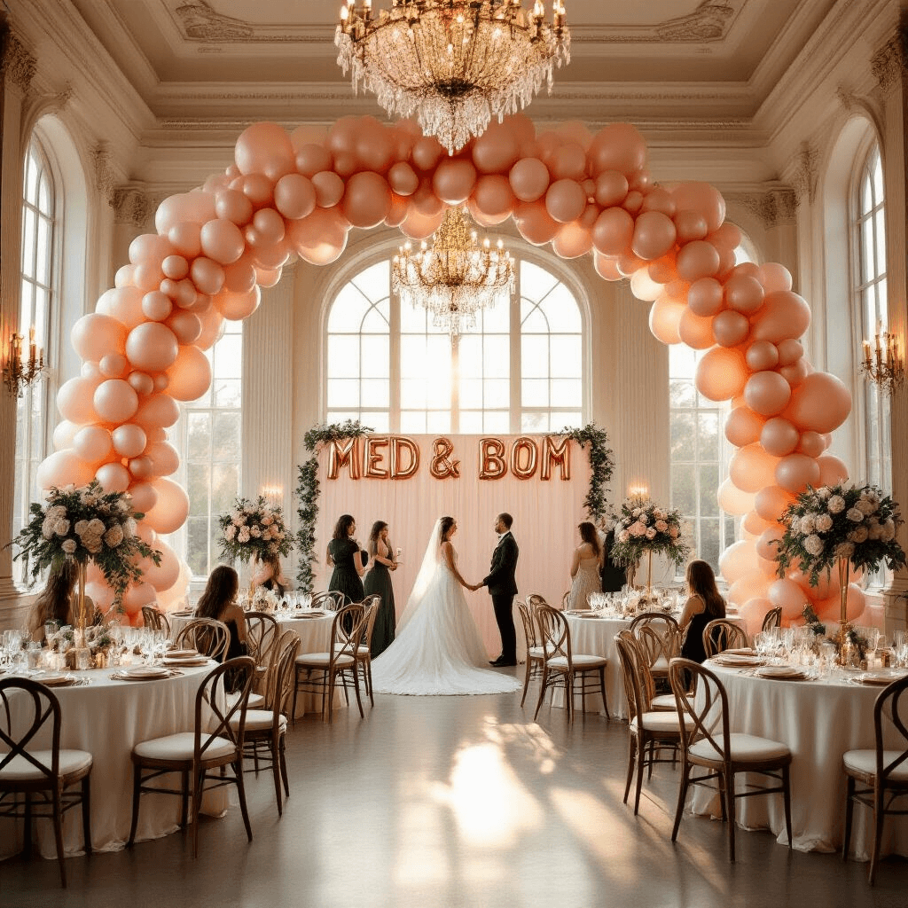 A photorealistic wide-angle view of an elegant indoor ballroom bridal shower during golden hour, featuring a rose gold and blush pink balloon arch, high ceilings with chandeliers, tables with silk linens and balloon centerpieces, a photo backdrop with organic balloon garlands, and soft natural sunlight illuminating the scene.