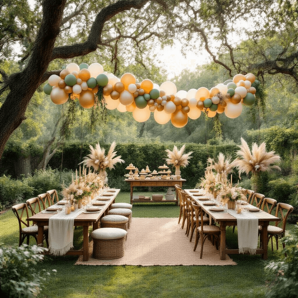 A whimsical garden bridal shower setup featuring a balloon garland canopy in sage green, champagne gold, and cream tones, with long wooden farm tables, vintage chairs, and floor cushions, set in soft morning light. Balloon bouquets mark activity stations, including a rustic dessert cart with fairy lights, surrounded by organic balloon clusters and pampas grass.