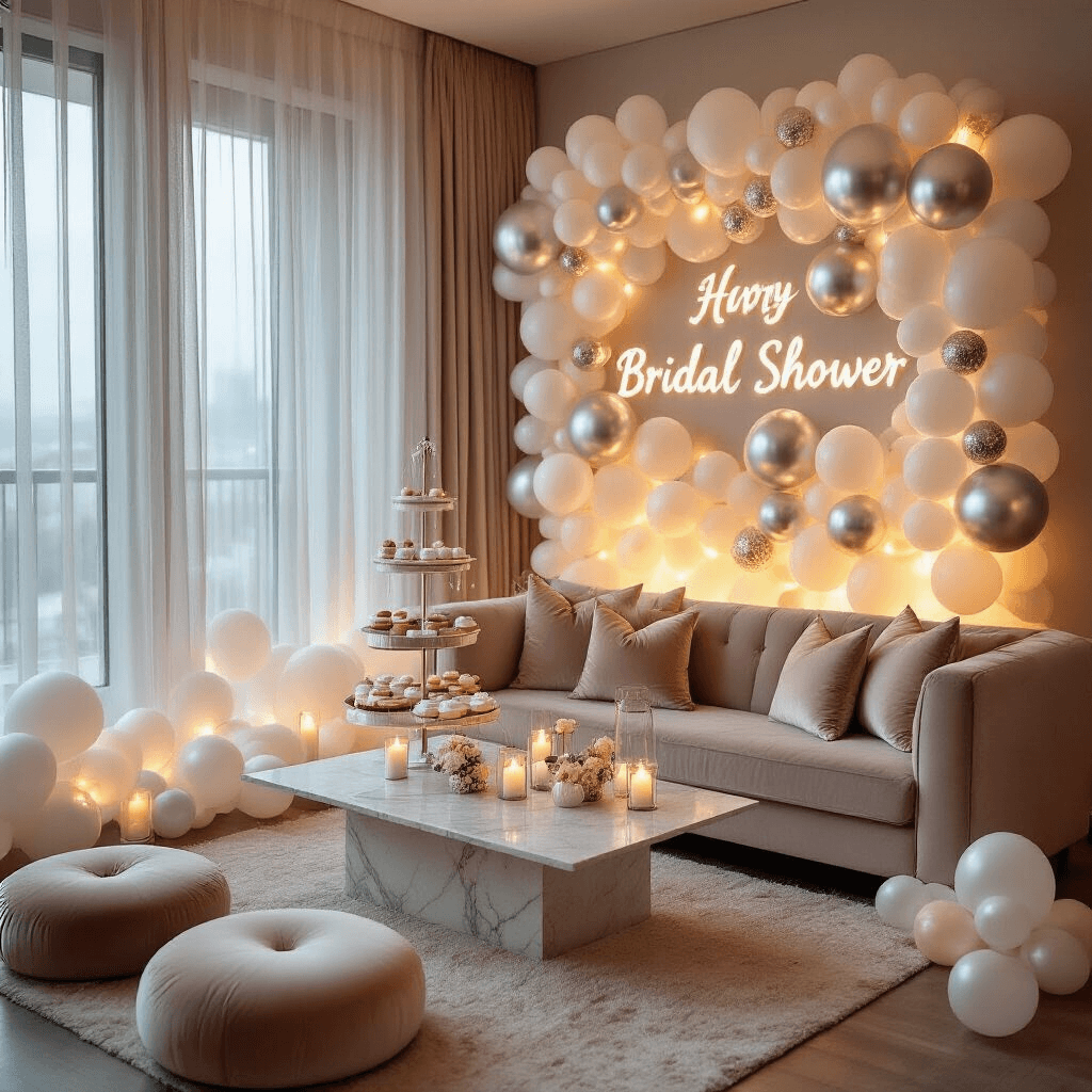 Close-up of a modern apartment living room set for an intimate bridal shower, featuring a monochromatic white and silver balloon installation, plush blush velvet floor cushions, a low marble coffee table, and warm string lights illuminating the space.