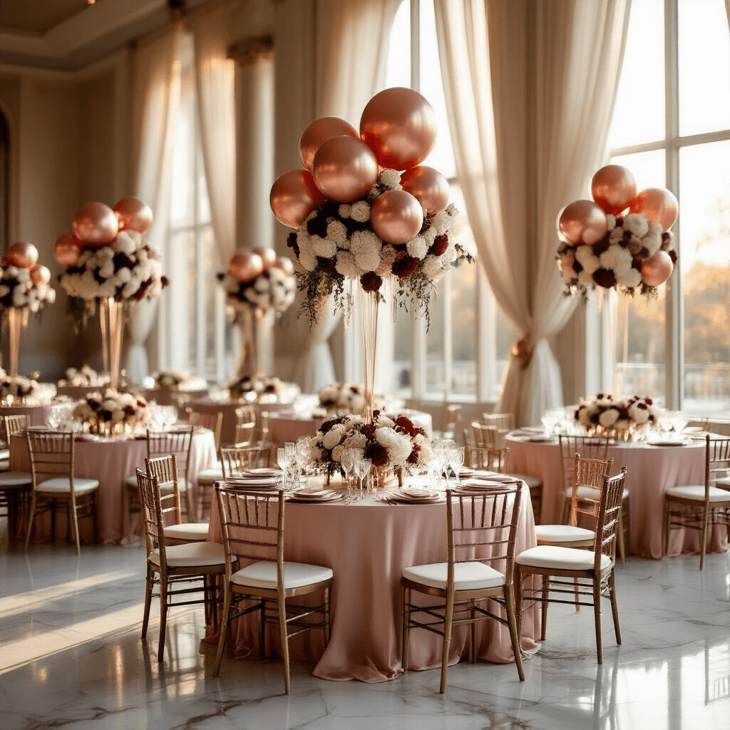Wide-angle shot of an elegant ballroom at golden hour, featuring round tables with blush pink silk linens and rose gold balloon centerpieces, complemented by white roses and burgundy dahlias, reflecting a luxurious atmosphere with crystal glassware and marble floors.