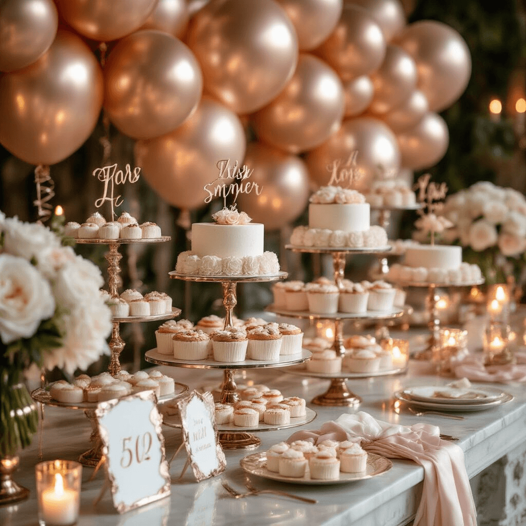 Close-up of a luxurious bridal shower dessert table with a mirror-like backdrop of chrome rose gold balloons, tiered cake stands with delicate pastries, fresh white peonies, and crystal candelabras, all in a blush pink and cream color palette.