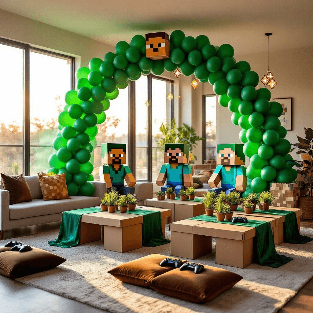 A modern apartment living room decorated for a Minecraft-themed birthday party, featuring a vibrant balloon arch, pixelated centerpieces, and cozy cushions, all illuminated by golden hour sunlight.