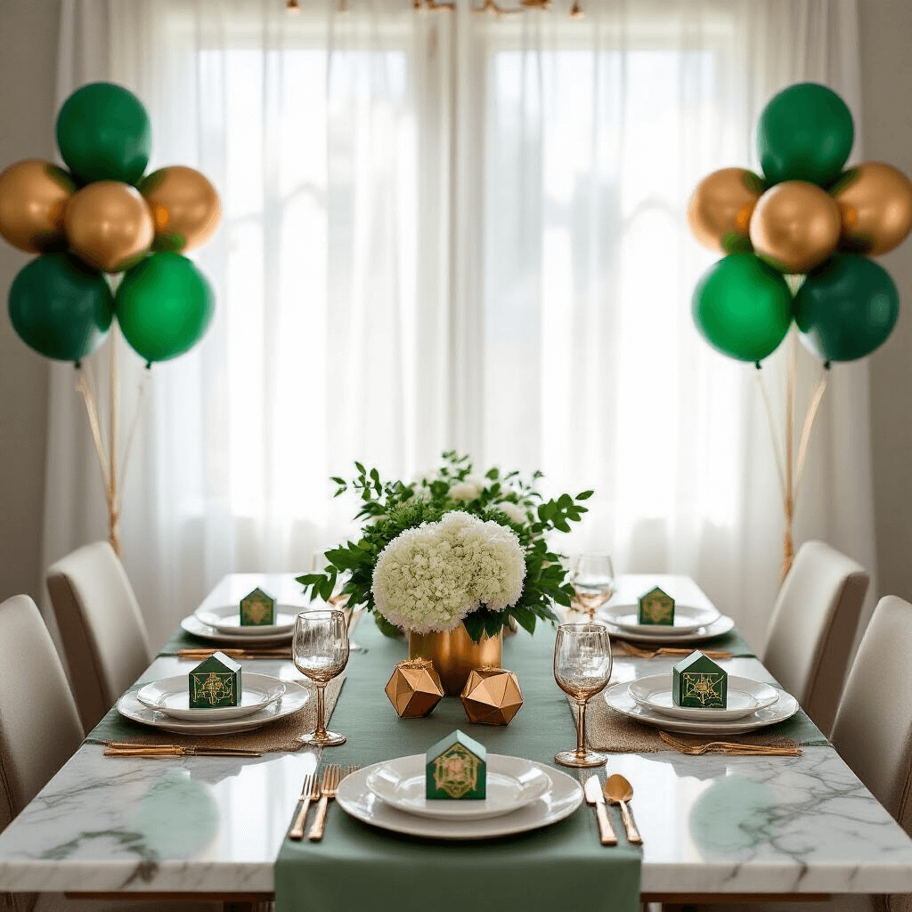 An elegant dining room setup inspired by Minecraft, featuring a long marble table with sage green linens, copper geometric centerpieces of eucalyptus and hydrangeas, emerald and gold balloon clusters, modern white plates with gold-rimmed glassware, custom treasure map place cards, and ambient LED underglow.