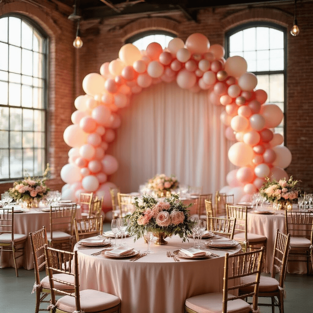 A luxurious ballroom adorned with a gradient pink balloon garland, blush silk table linens, and elegant place settings, illuminated by golden hour sunlight and string lights, featuring exposed brick walls and a dramatic color-blocked balloon arch.