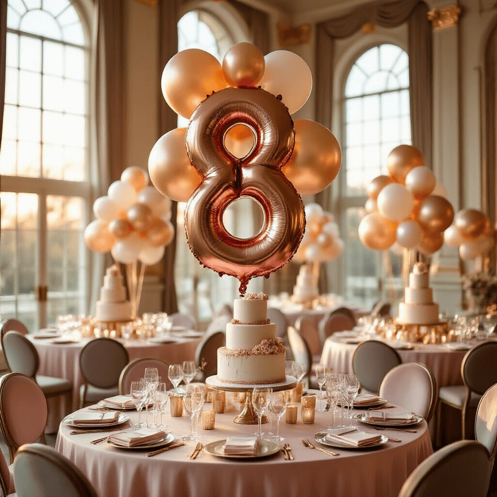 A luxurious indoor ballroom illuminated by golden hour light, featuring an elegant birthday celebration with rose gold foil number balloons, blush pink silk table linens, mixed balloon garlands, crystal glassware, tiered cakes, and velvet-cushioned chairs, all creating a grand yet intimate atmosphere.
