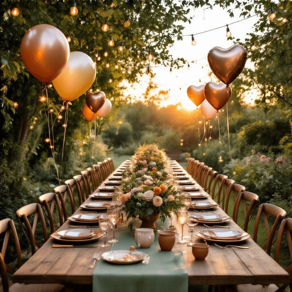 An enchanting garden party at sunset featuring whimsical foil balloon installations among lush greenery, long wooden farm tables with terracotta and sage linens, rustic floral centerpieces, fairy lights overhead, and heart-shaped foil balloons for an intimate anniversary celebration, all bathed in warm golden hour light.