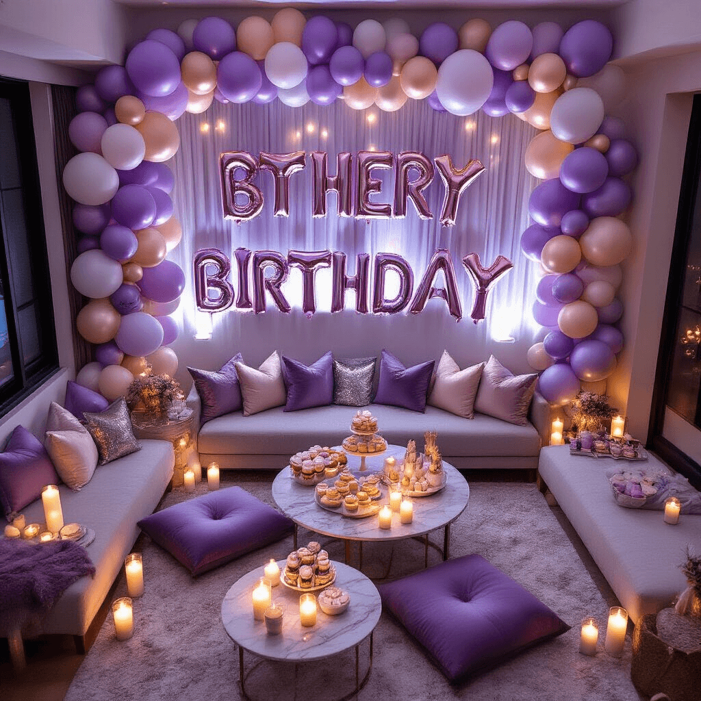 A cozy candlelit living room for an intimate birthday celebration, featuring low tables with lavender and silver cushions, balloon garlands, giant foil letter balloons, themed character foil balloons, jewel-toned velvet cushions, marble coffee tables with desserts, and personalized signage, all captured from an overhead angle.