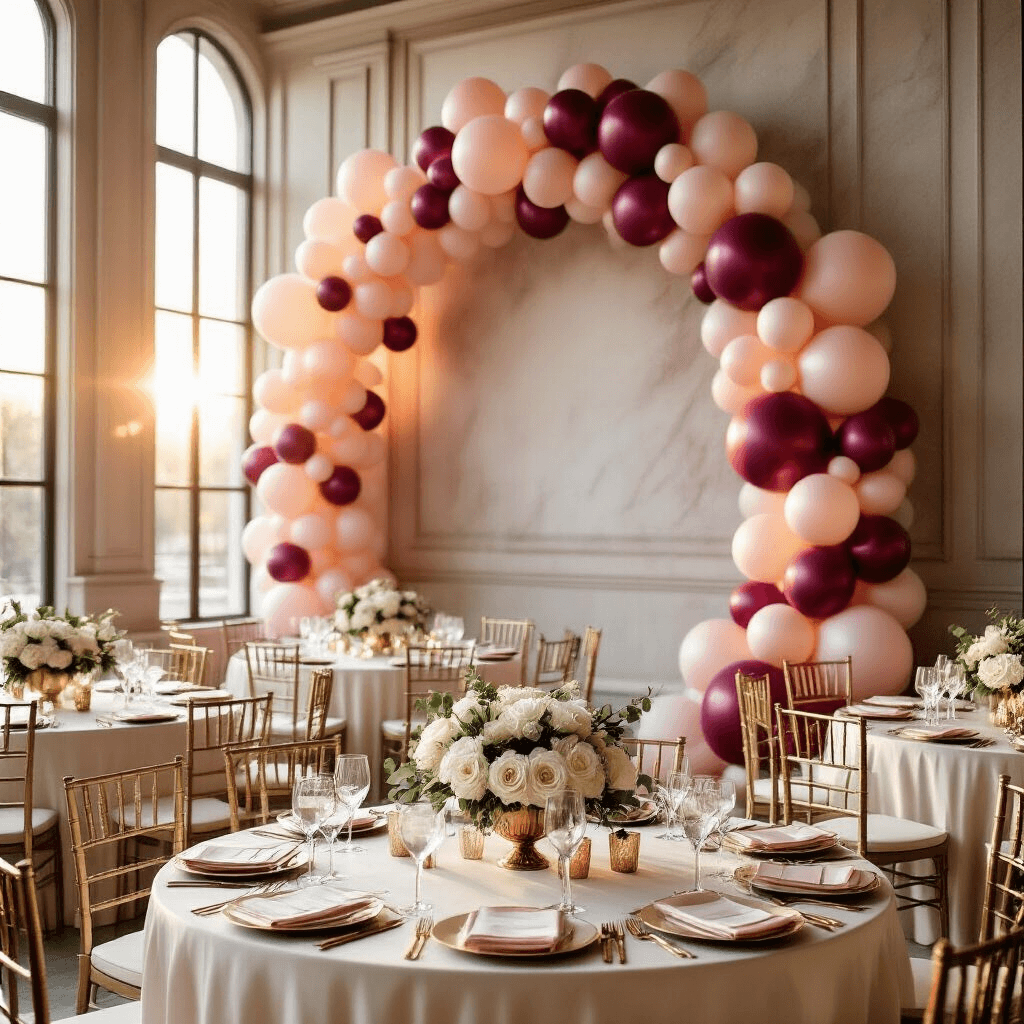 Cinematic wide-angle shot of an elegant ballroom featuring a blush pink to burgundy balloon arch, marble accents, and softly lit tables adorned with white roses, eucalyptus, and crystal stemware, all enhanced by golden hour sunlight and crystal chandeliers.