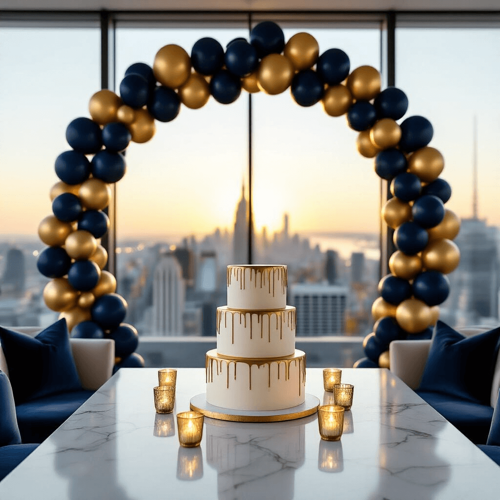 Close-up of a modern minimalist birthday celebration featuring a sophisticated navy and gold balloon arch, a sleek three-tier cake, and ambient candlelight in a contemporary apartment with floor-to-ceiling windows overlooking a city skyline during golden hour.