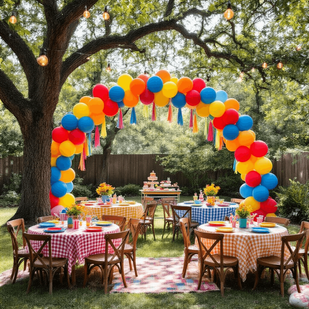 Festive backyard children's birthday party with a vibrant balloon arch, colorful table settings, and a vintage dessert cart under dappled sunlight.