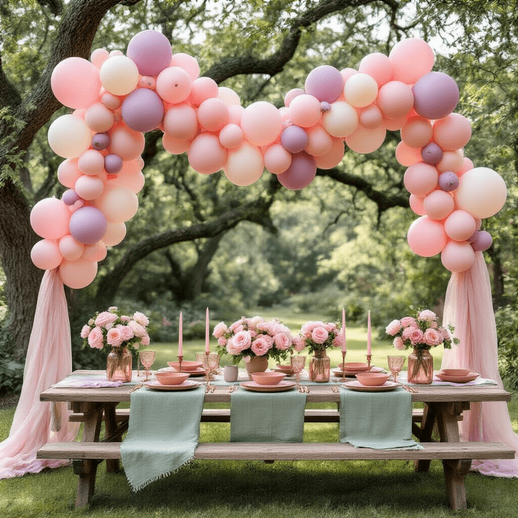 An overhead view of a whimsical garden party setup featuring a rustic wooden picnic table adorned with a sage green linen runner, terracotta dishes, and rose gold flatware, surrounded by an installation of baby pink and lavender balloons draped between oak trees. Mason jars filled with balloons serve as centerpieces alongside fresh pink peonies, while sheer pink drapery flows in the breeze and dappled sunlight casts shadows on cream-colored linens scattered with rose petals.