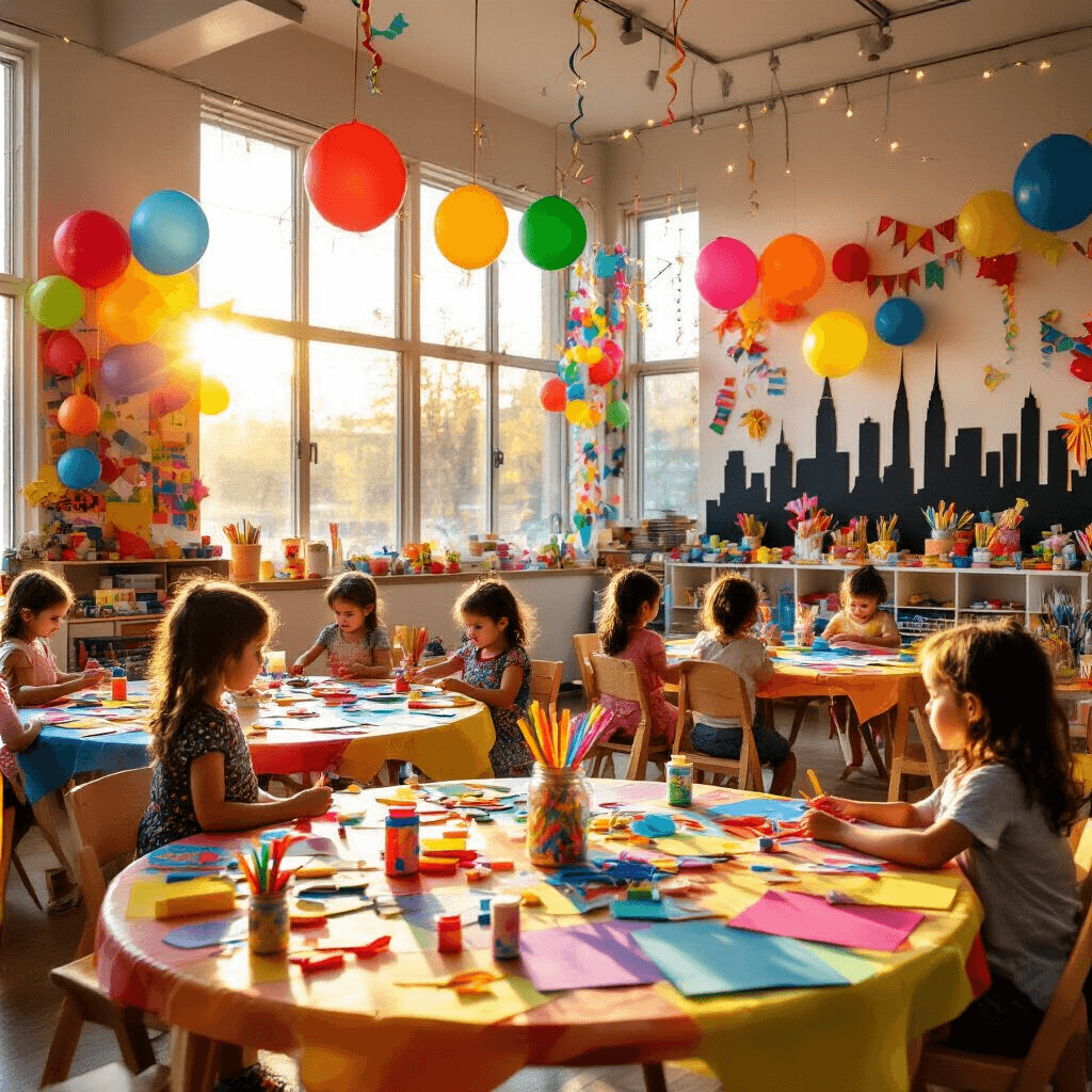A bright children's craft room during golden hour, filled with colorful tables covered in craft supplies, partially inflated balloons, and scattered materials, with completed balloon creations on the walls and fairy lights overhead, creating a playful and energetic atmosphere.