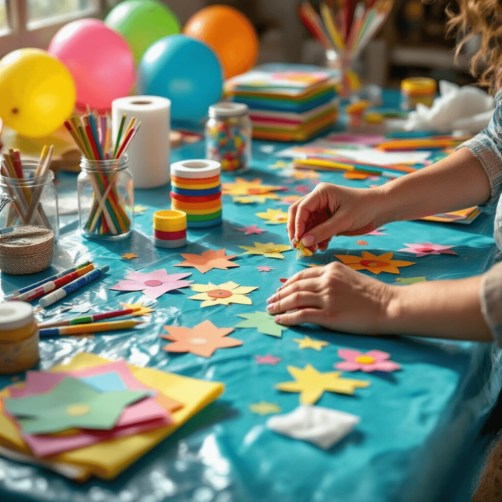 Close-up shot of a craft table covered with a bright plastic tablecloth, featuring hands decorating a large latex balloon with construction paper cutouts. The scene is filled with colorful ribbons, rainbow construction paper, open glue sticks, and a completed foil balloon character, all illuminated by soft morning light. Textures and colors create an inviting atmosphere for children's crafting.