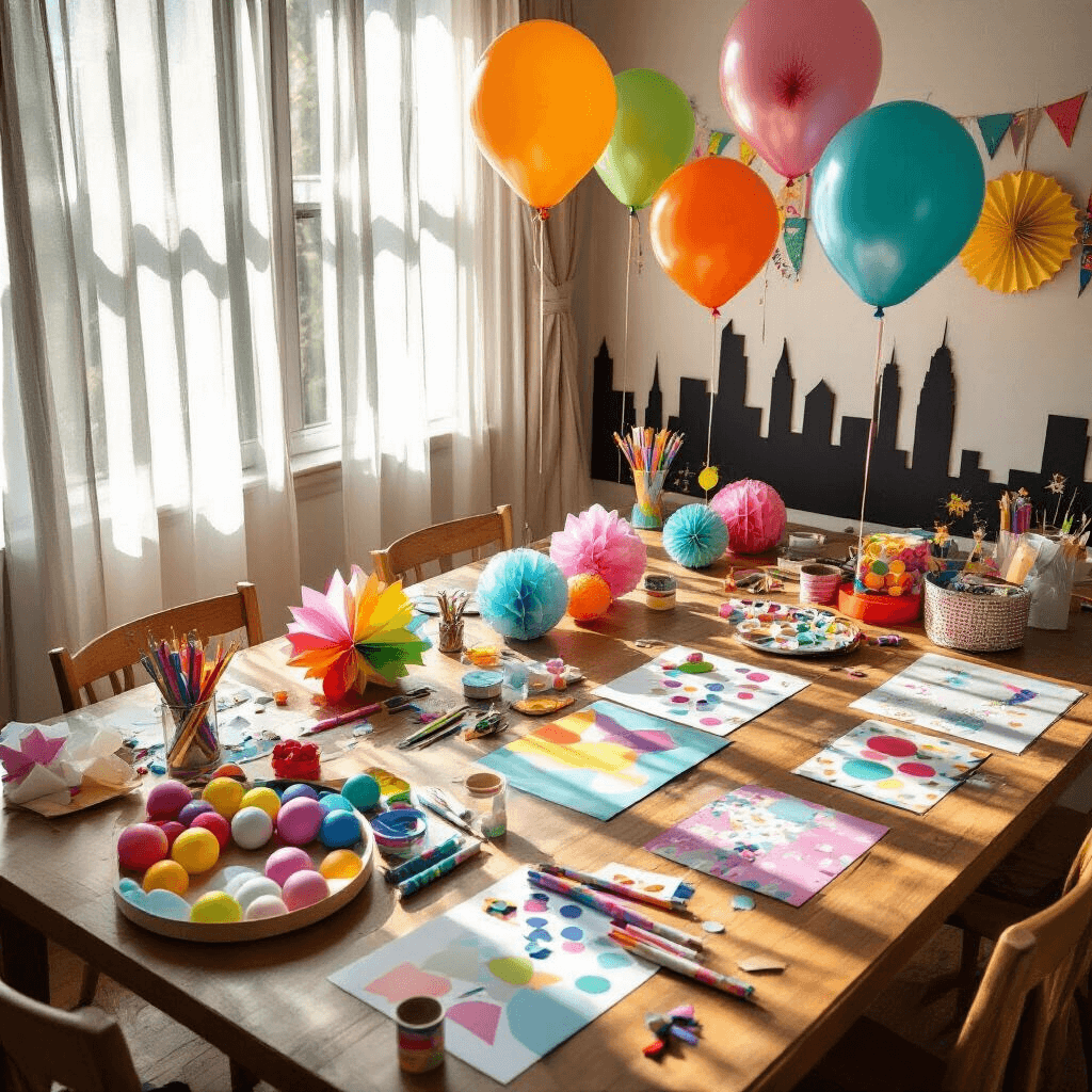 Overhead view of a vibrant balloon-making station on a dining table, illuminated by midday sunlight. The scene includes various balloon projects, organized work zones with templates and supplies, and a black construction paper city skyline backdrop. Colorful materials like construction paper, markers, and streamers are artfully scattered around.