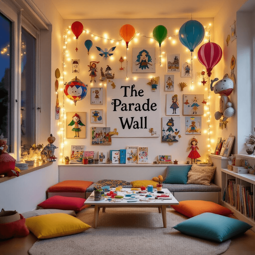 Cinematic wide shot of a vibrant playroom corner called 'The Parade Wall' adorned with a gallery of colorful balloon designs, illuminated by fairy lights. A low table with primary-colored floor cushions holds ongoing crafts amidst a cozy reading nook featuring children's books and soft textiles, all in a whimsical, organized space.
