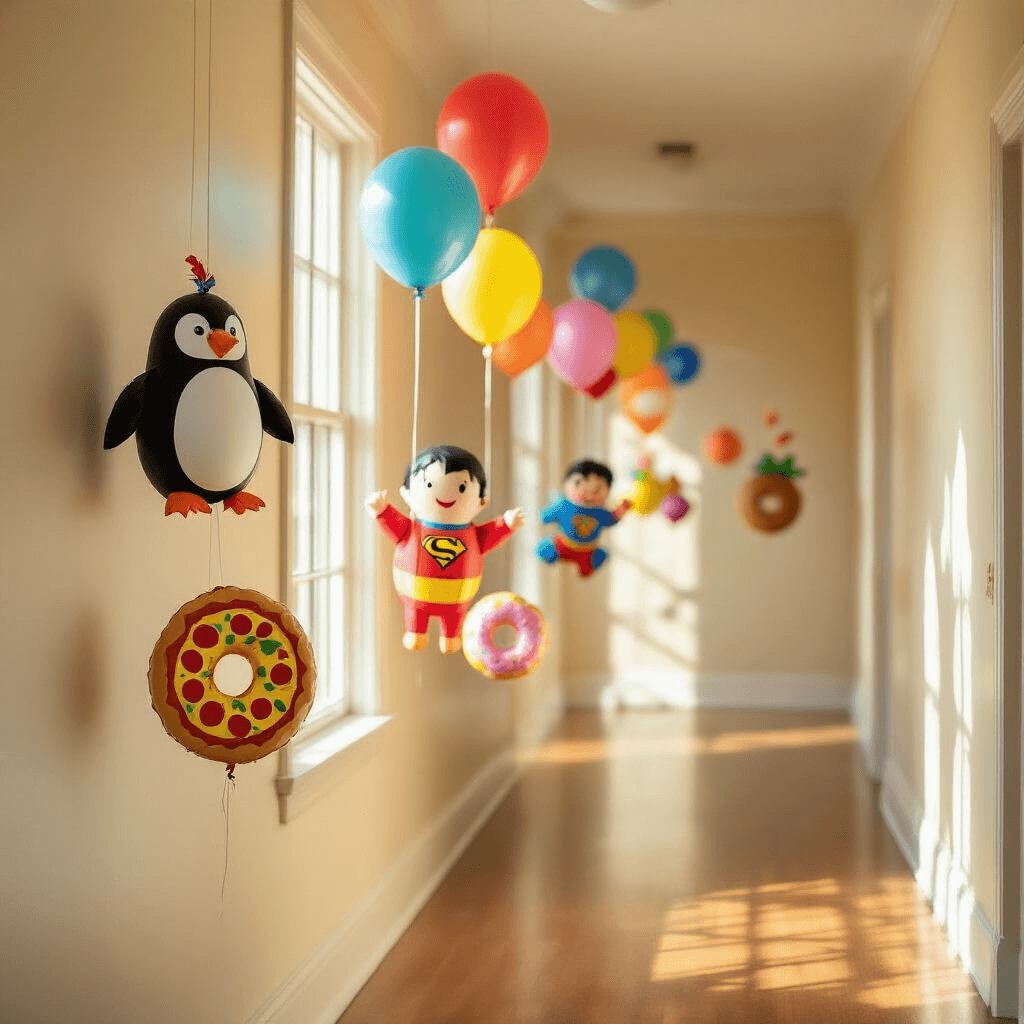 Detail shot of colorful balloon designs displayed in a hallway during golden hour, featuring animals, food items, and original creatures, suspended with fishing line, casting soft shadows on cream walls, with handwritten labels and hardwood flooring, evoking a celebratory atmosphere.