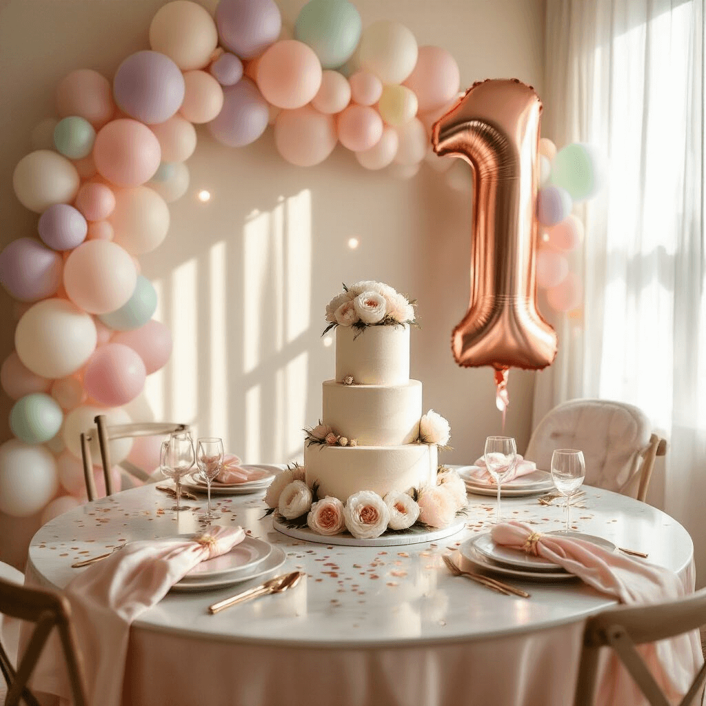 A vibrant first birthday dining room adorned with a towering cake, pastel balloon garland, and elegant table setting, illuminated by warm golden hour light.