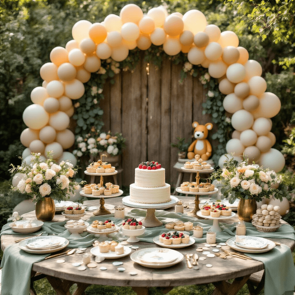 A cinematic overhead flat lay of a first birthday garden celebration featuring sage green picnic tables, low balloon bouquets, a rustic backdrop with safari animal balloons, a naked vanilla cake with fresh berries, tiered desserts, pastel confetti, gold party favors, and string lights hanging among oak trees, all bathed in soft morning light.