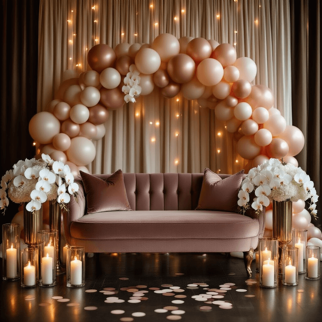 A moody close-up of a luxurious ballroom first birthday setup featuring velvet cushions, low brass tables, cascading blush and cream balloons, pillar candles casting shadows, white orchids in crystal vases, and a sophisticated balloon wall with fairy lights, all set against dark wood flooring scattered with rose gold confetti and elegant gift boxes.