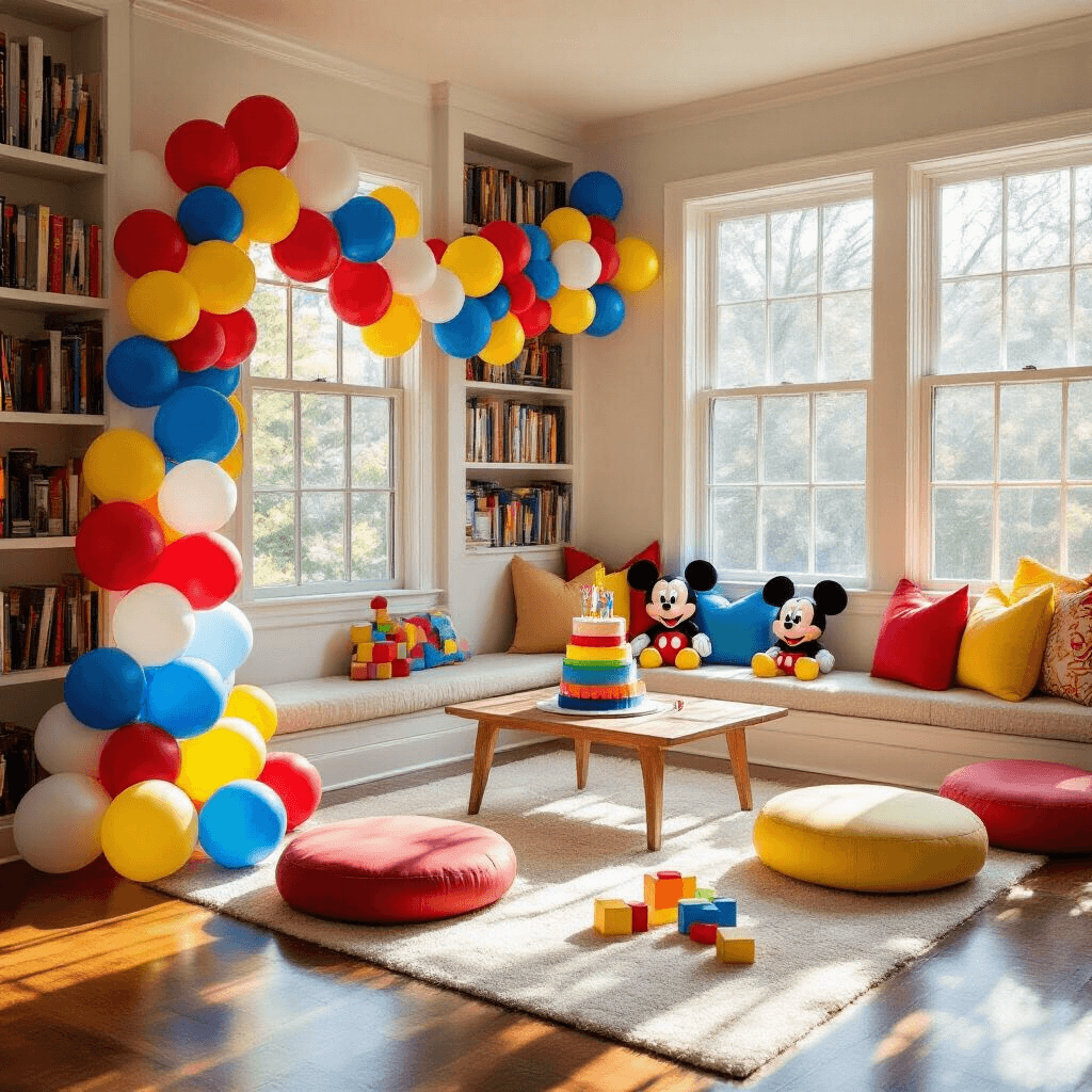 A whimsical living room decorated for a first birthday party, featuring colorful Mickey Mouse balloons, a rainbow layer cake on a low table, and bright streamers, all illuminated by midday sunlight streaming through large windows.