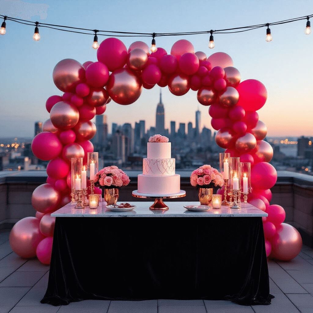 A luxurious rooftop terrace birthday celebration at night, featuring a sleek dessert table with a three-tiered cake, surrounded by rose gold and blush pink balloon arrangements, with city skyline views and warm candlelight illuminating the scene.